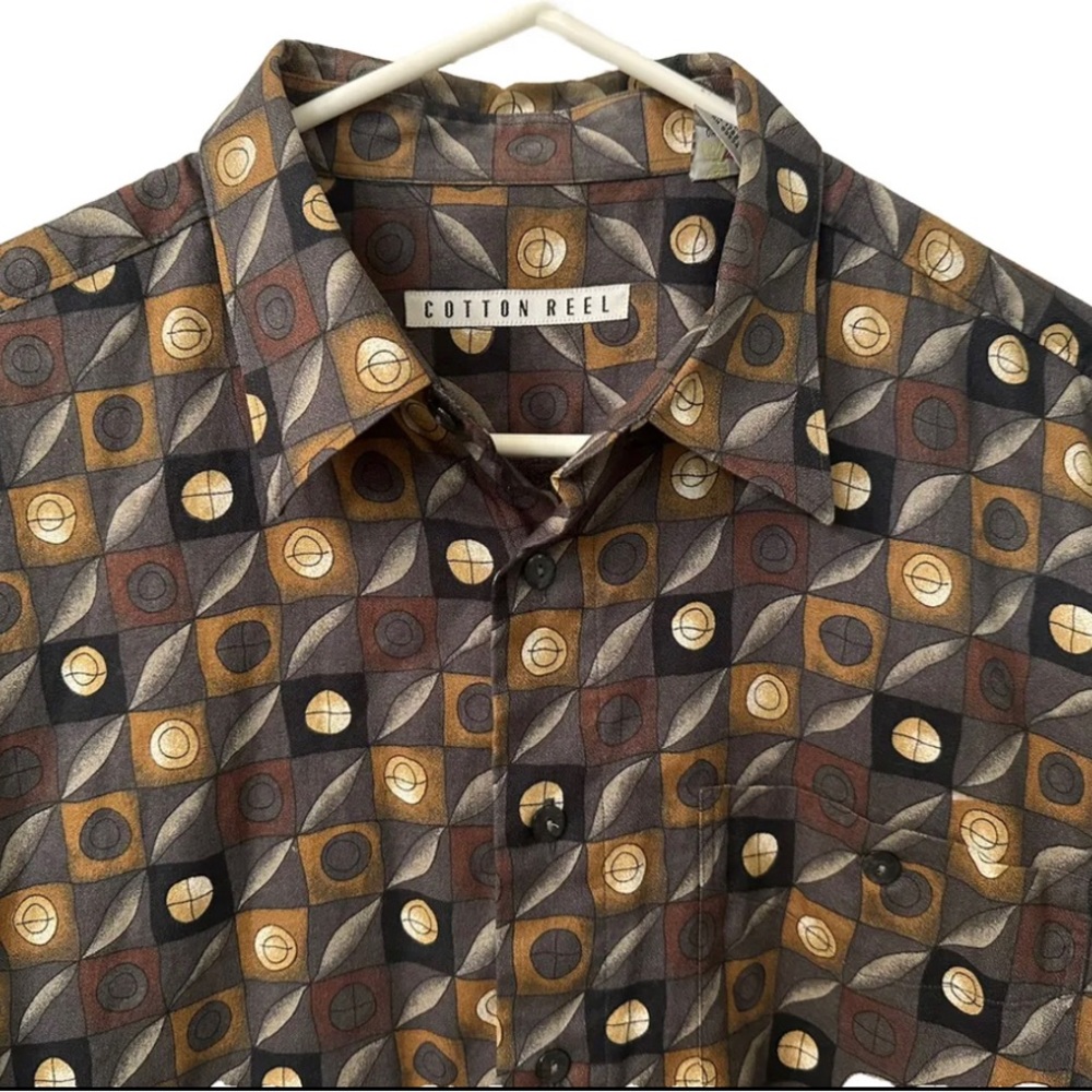 Vintage 90s Mens Large Geometric Cotton Reel Long Sleeve Button Down EUC Grey - Picture 2 of 6